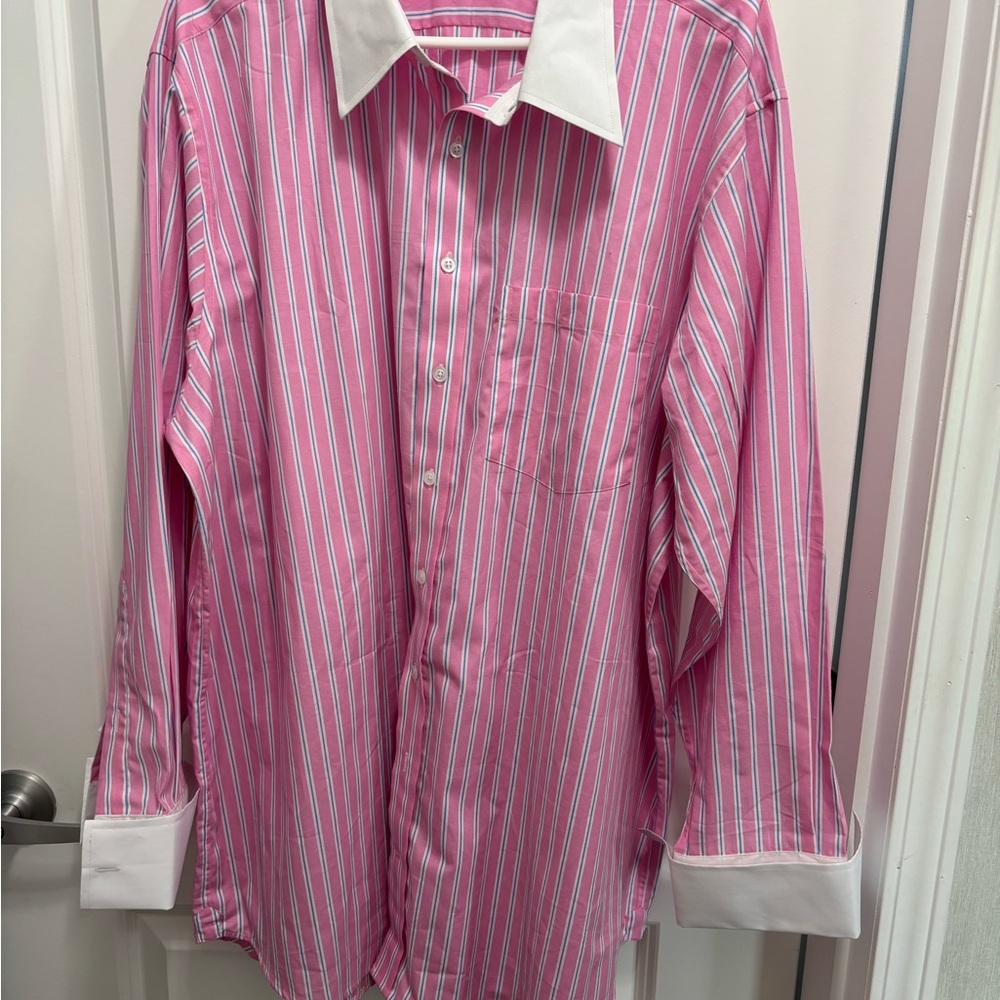 Brisk Pink Bengal Striped Men's Shirt with White Collar and French cuffs. 1X